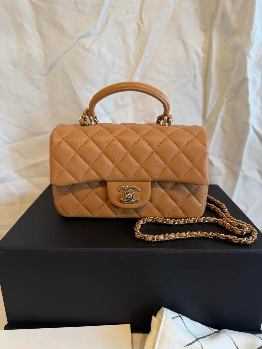 CHANEL Lambskin Quilted Mini Top Handle Rectangle Flap Beige with Gold Hardware